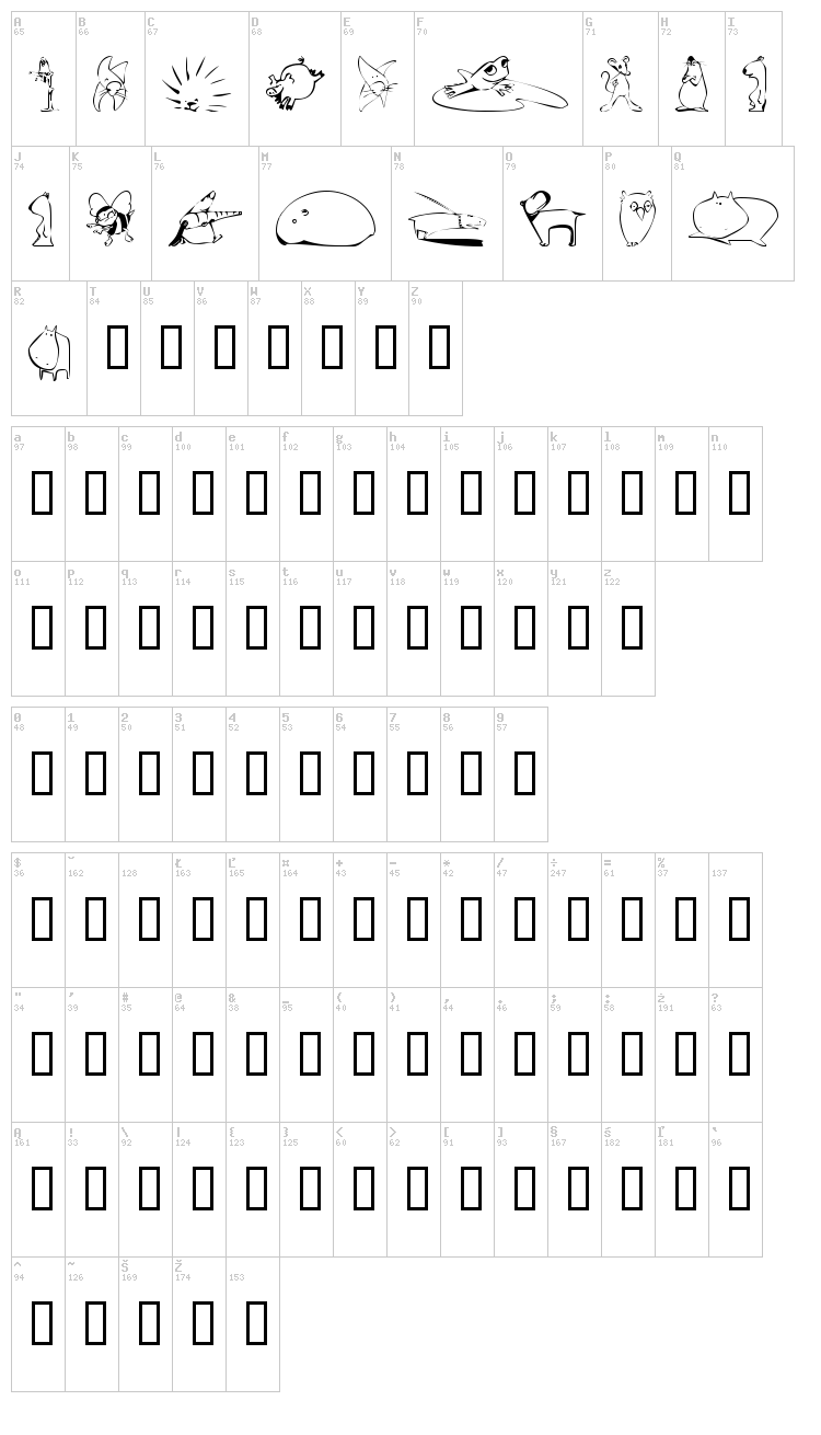 KR Scrappin Animals font map